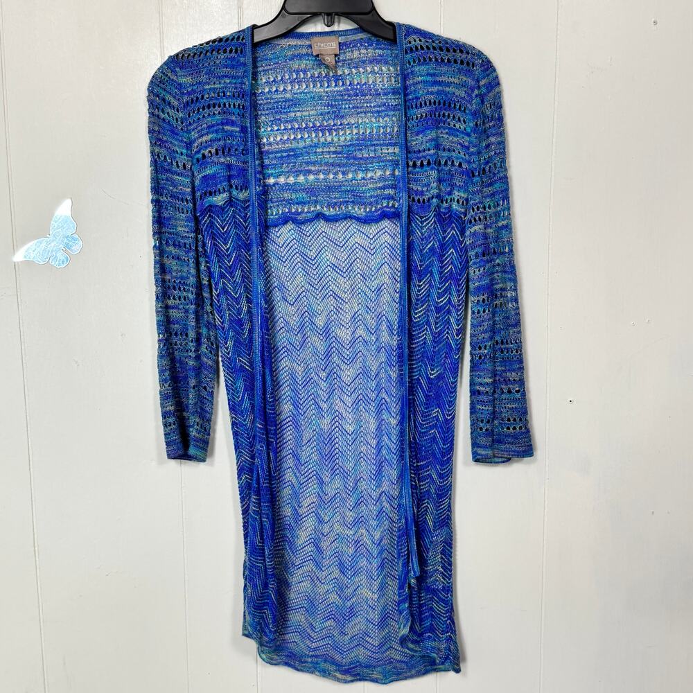 Chico's Womens Cardigan Wrap Size Small Blue Knit Open Front Long Sleeve Cozy